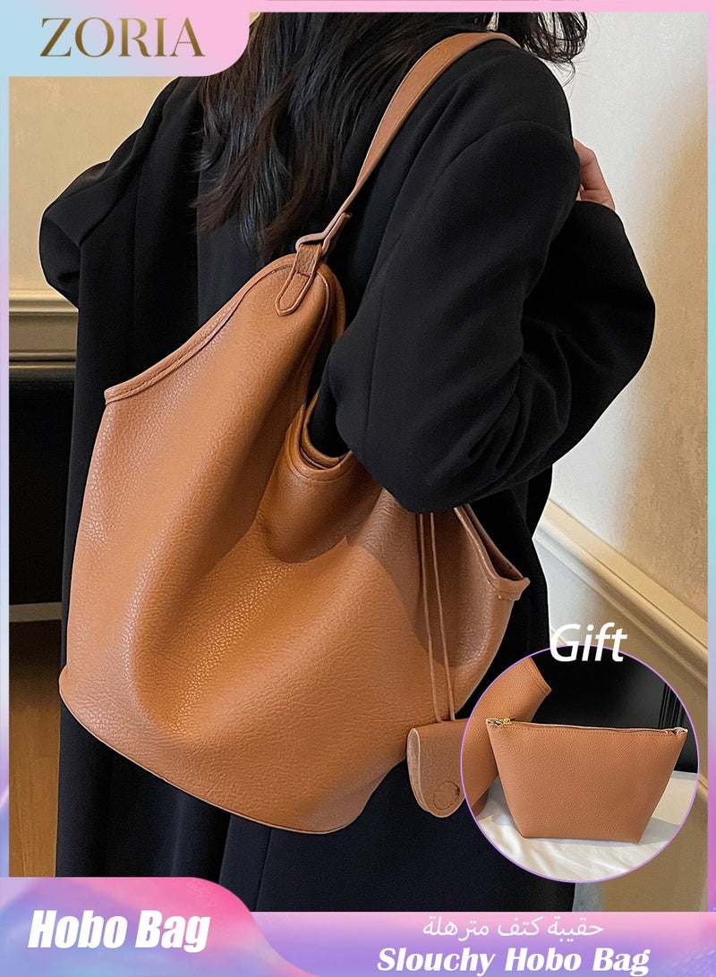 ZORIA Women's Large Slouchy Hobo Bag, Soft PU Leather Oversized Shopper Tote & Shoulder Purse for Work & University - Brown - Image 1
