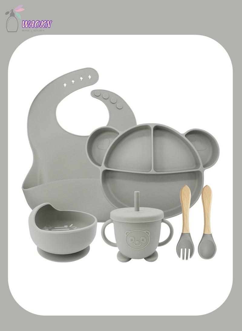 WAOKN 6Pcs Baby Silicone Tableware Set Special For Infants To Eat Their Own Training Tableware Set Including Complementary Food Bowl Sippy Cup Dinner Plate Bib Fork And Spoon(Smoke Gray)  - Image 1