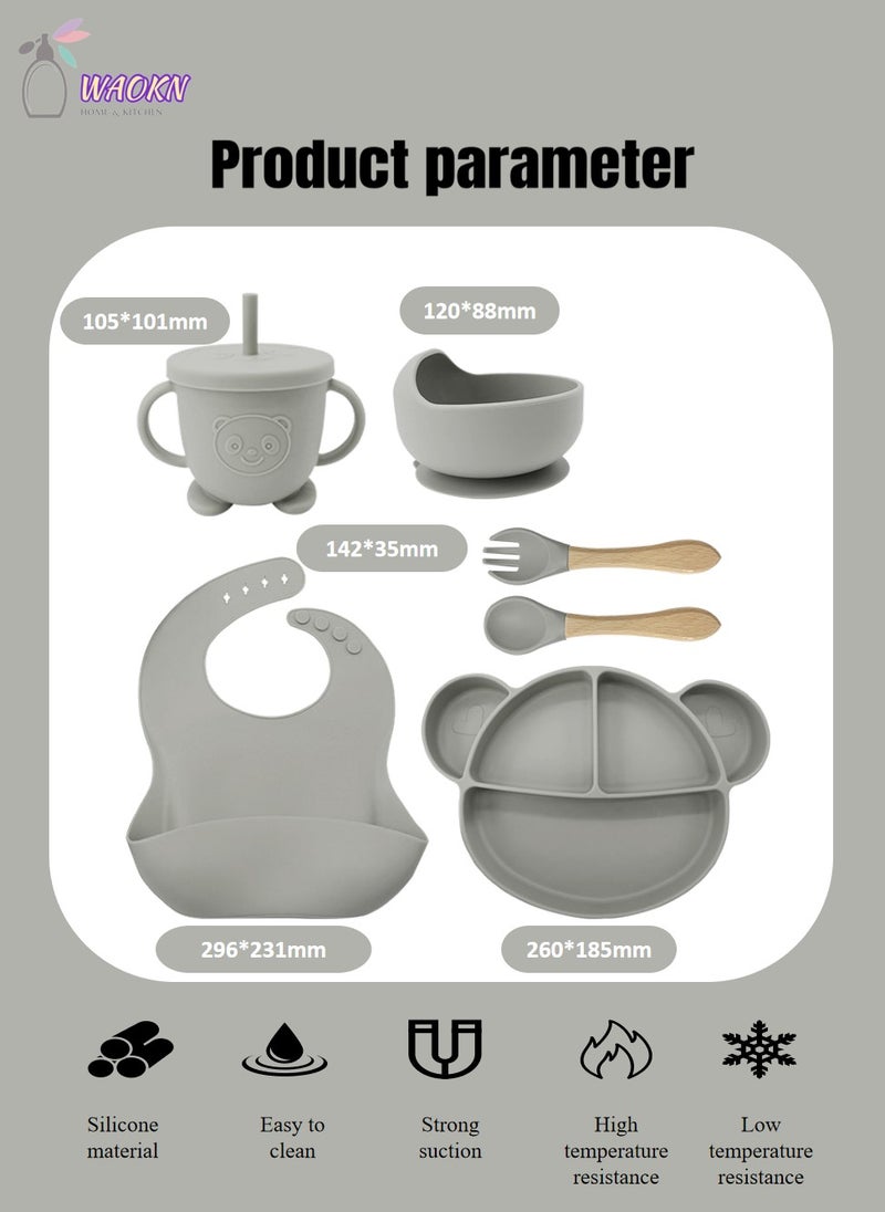 WAOKN 6Pcs Baby Silicone Tableware Set Special For Infants To Eat Their Own Training Tableware Set Including Complementary Food Bowl Sippy Cup Dinner Plate Bib Fork And Spoon(Smoke Gray)  - Image 2