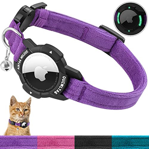 OUCWLTAG Luminous AirTag Cat Collar Breakaway, OUCWLTAG GPS Cat Collar with Apple Air Tag Holder, Cat Tracker Collars with Safety Elastic Band for Girl Boy Cats, Kittens and Puppies (Purple, 9-13 Inch) - Image 1