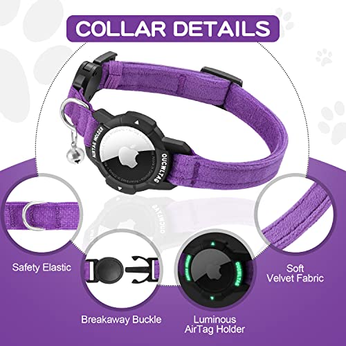 OUCWLTAG Luminous AirTag Cat Collar Breakaway, OUCWLTAG GPS Cat Collar with Apple Air Tag Holder, Cat Tracker Collars with Safety Elastic Band for Girl Boy Cats, Kittens and Puppies (Purple, 9-13 Inch) - Image 2