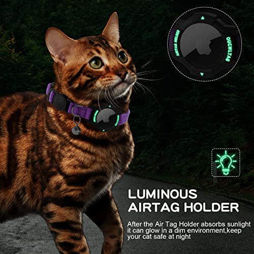 OUCWLTAG Luminous AirTag Cat Collar Breakaway, OUCWLTAG GPS Cat Collar with Apple Air Tag Holder, Cat Tracker Collars with Safety Elastic Band for Girl Boy Cats, Kittens and Puppies (Purple, 9-13 Inch) - Image 4