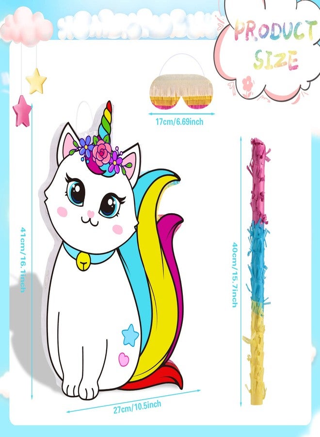 اوريهير بينياتا قطة وحيد القرن من أوريهير مع عصابة للعينين ومضرب، بينياتا قطة وحيد القرن، لوازم حفلات أعياد الميلاد، هدايا الحفلات، زينة أعياد الميلاد، 16 × 11 بوصة - Image 2