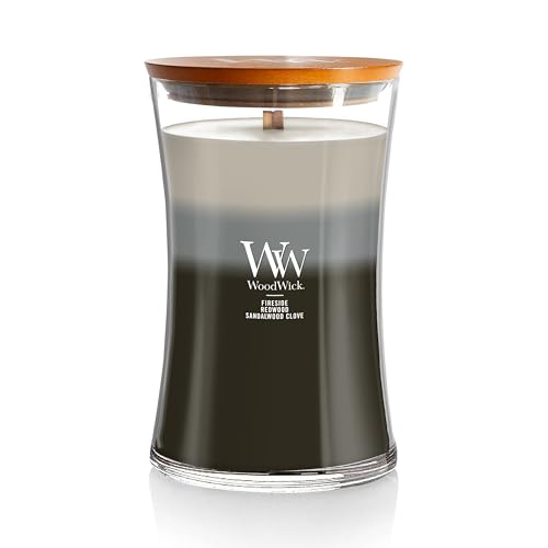 WoodWick Warm Woods Trilogy Holiday Candle Gifts for Women and Men, 21.5 oz Large Hourglass Trilogy Candle with Crackling Wick - Image 1
