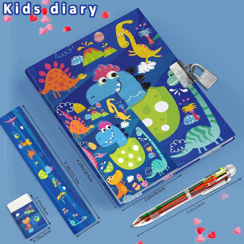GINMLYDA Dinosaur Diary with Lock for Boys, Set of Diary for Boys Incl. Kids Journal with Lock & Pen (6-Multicolor) Memo Ruler Sharpener Eraser Blue Boys Journal Writing Notebooks for Kids Gifts for Boys 6-8 - Image 4