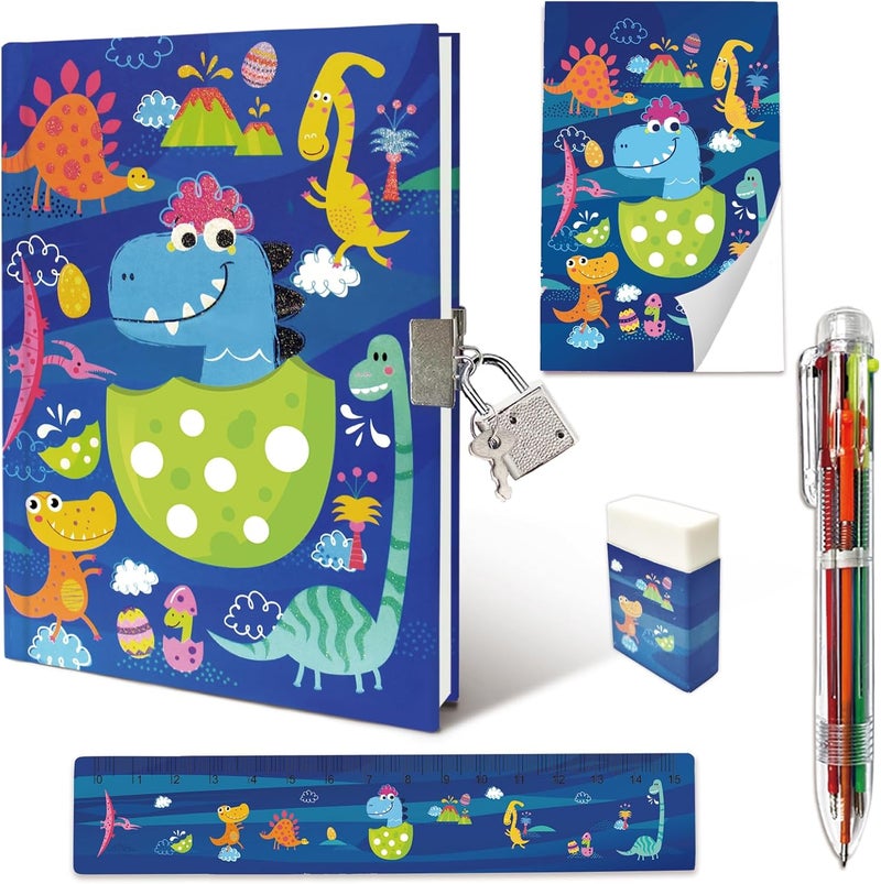 GINMLYDA Dinosaur Diary with Lock for Boys, Set of Diary for Boys Incl. Kids Journal with Lock & Pen (6-Multicolor) Memo Ruler Sharpener Eraser Blue Boys Journal Writing Notebooks for Kids Gifts for Boys 6-8 - Image 1