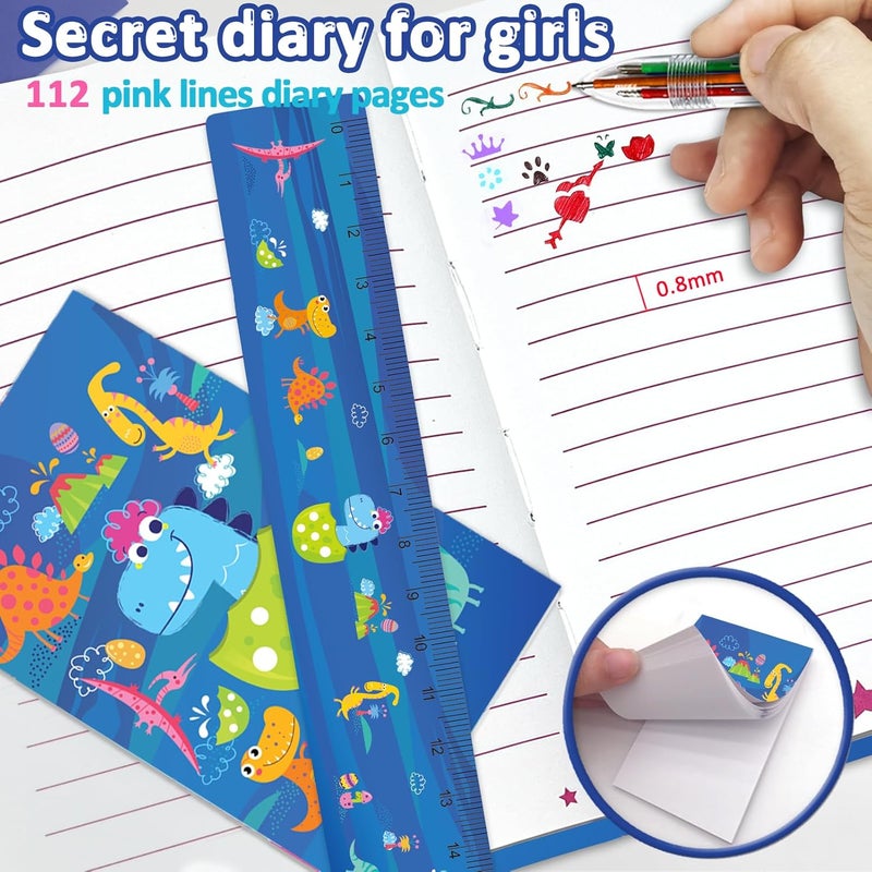GINMLYDA Dinosaur Diary with Lock for Boys, Set of Diary for Boys Incl. Kids Journal with Lock & Pen (6-Multicolor) Memo Ruler Sharpener Eraser Blue Boys Journal Writing Notebooks for Kids Gifts for Boys 6-8 - Image 3