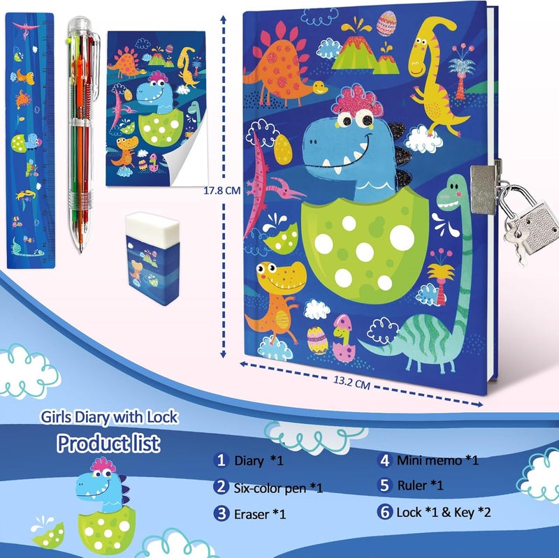 GINMLYDA Dinosaur Diary with Lock for Boys, Set of Diary for Boys Incl. Kids Journal with Lock & Pen (6-Multicolor) Memo Ruler Sharpener Eraser Blue Boys Journal Writing Notebooks for Kids Gifts for Boys 6-8 - Image 2