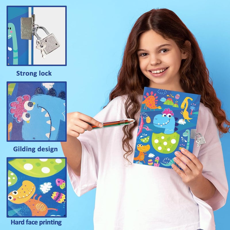 GINMLYDA Dinosaur Diary with Lock for Boys, Set of Diary for Boys Incl. Kids Journal with Lock & Pen (6-Multicolor) Memo Ruler Sharpener Eraser Blue Boys Journal Writing Notebooks for Kids Gifts for Boys 6-8 - Image 5