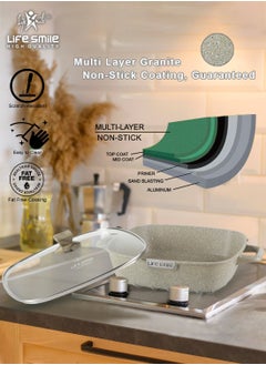 Life Smile LIFE SMILE Shallow Casserole Cooking Pot with Lid | Non Stick PFOA FREE Granite Coating Frying Pan | Oven Safe | Dishwasher Safe | Double Handle (20cm, 2 Liters) Greenish  - Image 5