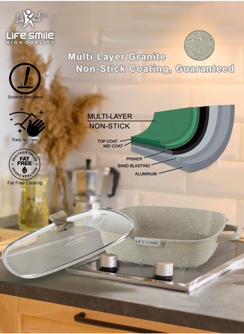 Life Smile LIFE SMILE Shallow Casserole Cooking Pot with Lid | Non Stick PFOA FREE Granite Coating Frying Pan | Oven Safe | Dishwasher Safe | Double Handle (20cm, 2 Liters) Greenish  - Image 5