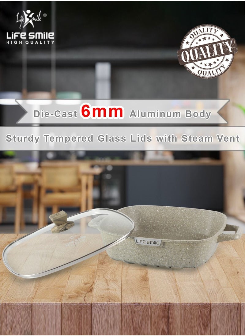 Life Smile - LIFE SMILE Shallow Casserole Cooking Pot with Lid | Non Stick PFOA FREE Granite Coating Frying Pan | Oven Safe | Dishwasher Safe | Double Handle (20cm, 2 Liters) Greenish - Image 1
