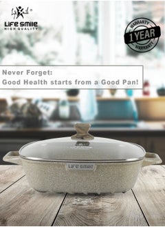 Life Smile LIFE SMILE Shallow Casserole Cooking Pot with Lid | Non Stick PFOA FREE Granite Coating Frying Pan | Oven Safe | Dishwasher Safe | Double Handle (20cm, 2 Liters) Greenish  - Image 2