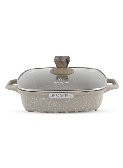 LIFE SMILE Shallow Casserole Cooking Pot with Lid | Non Stick PFOA FREE Granite Coating Frying Pan | Oven Safe | Dishwasher Safe | Double Handle (20cm, 2 Liters) Greenish
