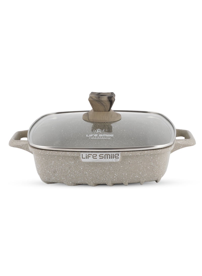 Life Smile LIFE SMILE Shallow Casserole Cooking Pot with Lid | Non Stick PFOA FREE Granite Coating Frying Pan | Oven Safe | Dishwasher Safe | Double Handle (20cm, 2 Liters) Greenish  - Image 1