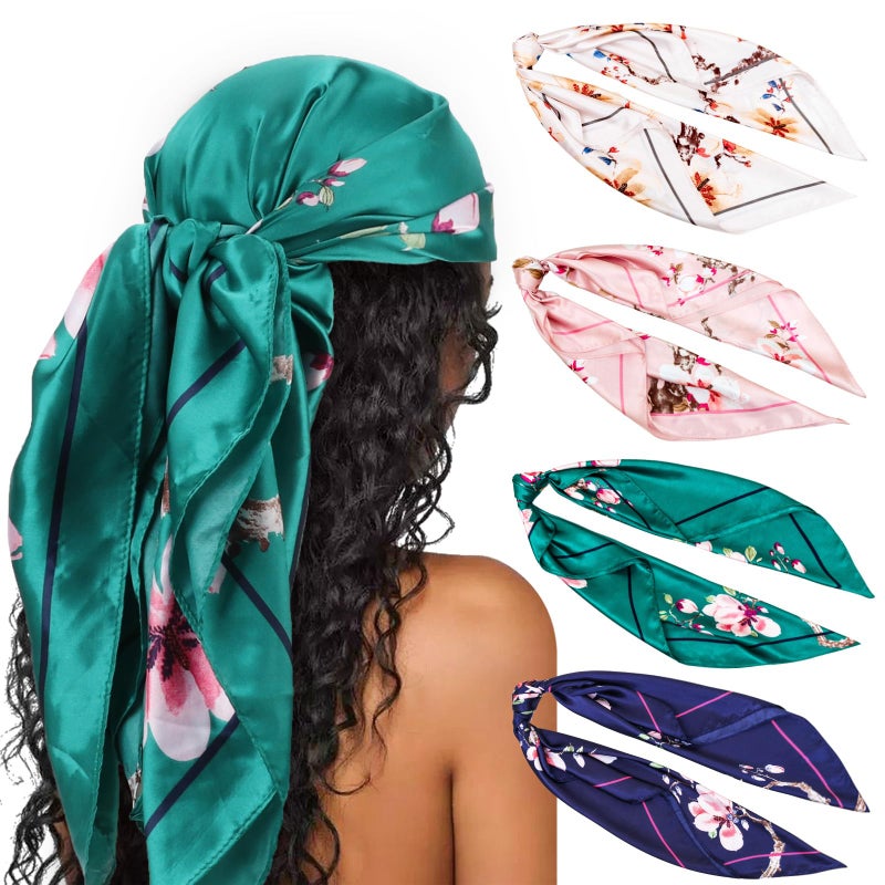 DRESHOW 35 Large Square Satin Head Scarf 4Pcs Silk Accessories Classic Patterned Squares Beach Bandanas for Women