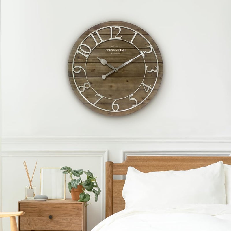 Presentime & Co Vintage Farmhouse Shiplap Clock, 19.5 inch, Silver Arabic Numerals with Weathered Pine Wood Shiplap Style. Large Farmhouse Decor for Living Room, Entryway, Home Office, Wall DÃ©cor - Image 5