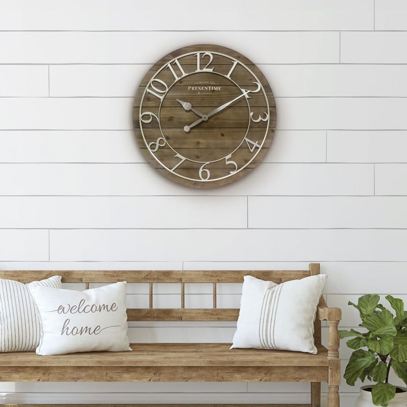 Presentime & Co Vintage Farmhouse Shiplap Clock, 19.5 inch, Silver Arabic Numerals with Weathered Pine Wood Shiplap Style. Large Farmhouse Decor for Living Room, Entryway, Home Office, Wall DÃ©cor - Image 3