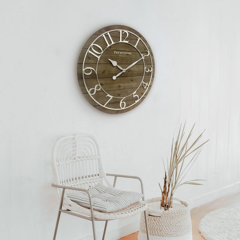 Presentime & Co Vintage Farmhouse Shiplap Clock, 19.5 inch, Silver Arabic Numerals with Weathered Pine Wood Shiplap Style. Large Farmhouse Decor for Living Room, Entryway, Home Office, Wall DÃ©cor - Image 4