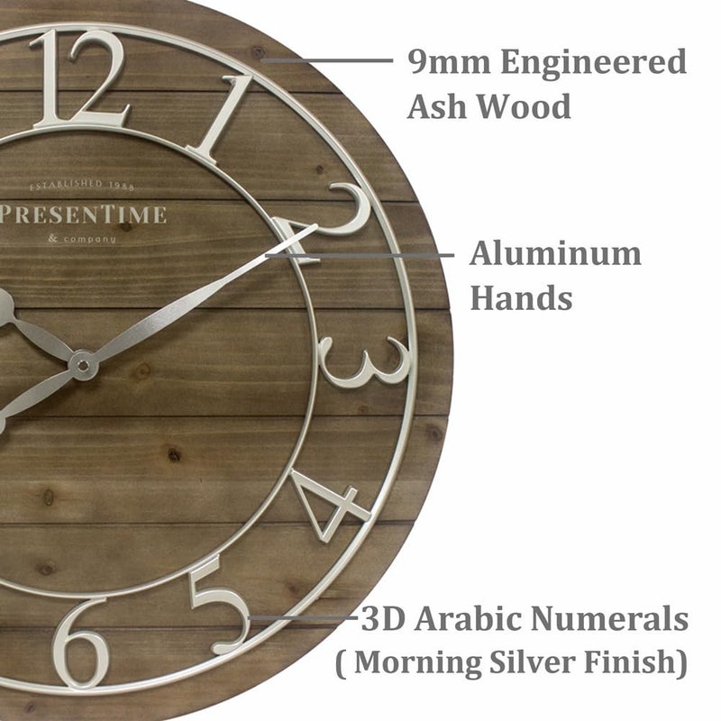 Presentime & Co Vintage Farmhouse Shiplap Clock, 19.5 inch, Silver Arabic Numerals with Weathered Pine Wood Shiplap Style. Large Farmhouse Decor for Living Room, Entryway, Home Office, Wall DÃ©cor - Image 2