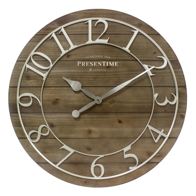 Presentime & Co Vintage Farmhouse Shiplap Clock, 19.5 inch, Silver Arabic Numerals with Weathered Pine Wood Shiplap Style. Large Farmhouse Decor for Living Room, Entryway, Home Office, Wall DÃ©cor - Image 1