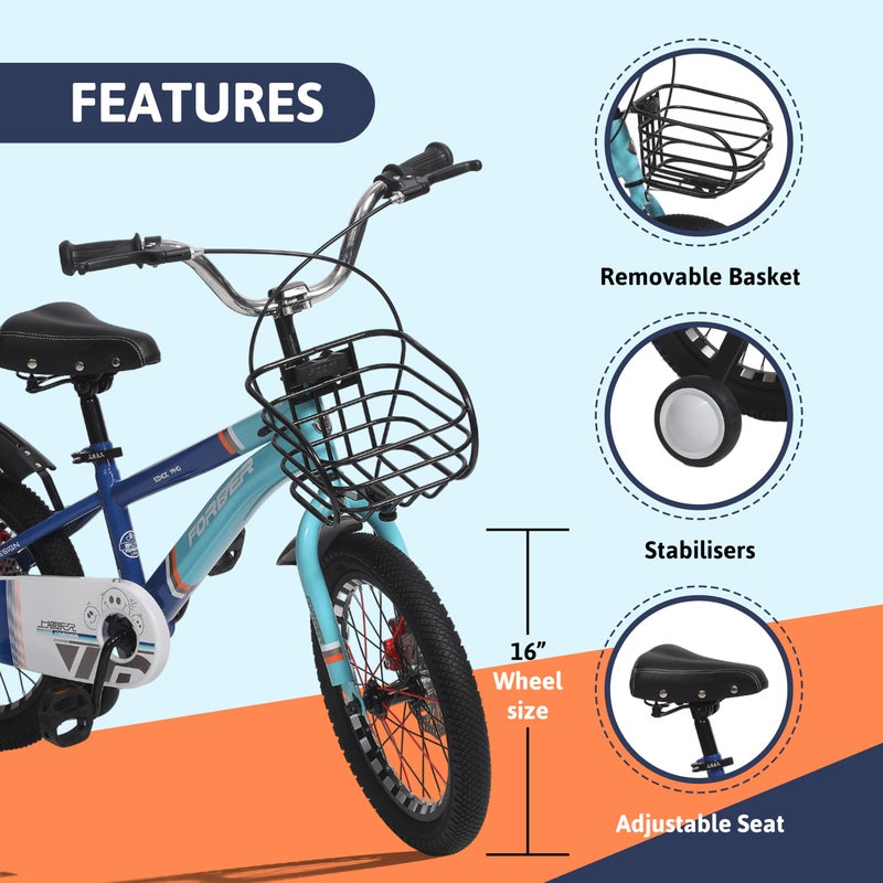 Endless Blue Carbon Steel Kids Bike with Front and Back Disc Breaks and Basket | Age 4 - 7 Years | 16 Inch Bike with High Quality Training Wheels and Fender | Children Bicycle with 2.125" Wide Tyres - Image 2