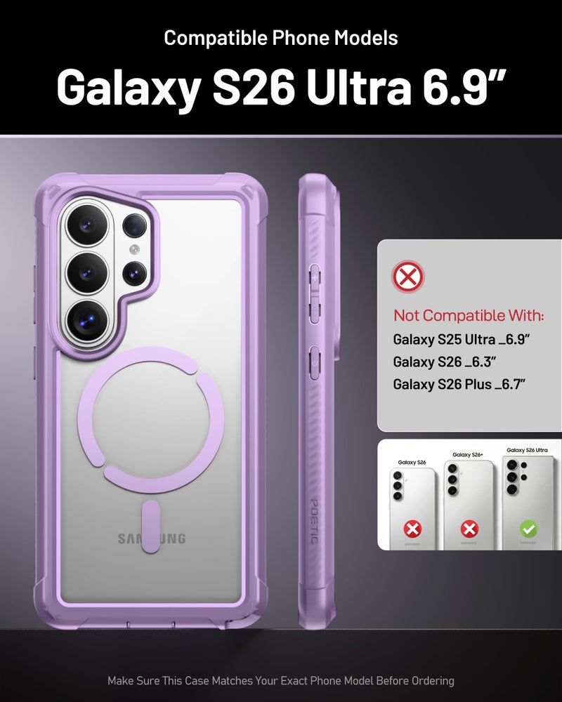 Poetic Guardian MagPro Case for Galaxy S26 Ultra 6.9", MagSafe Compatible | 20FT Mil-Grade Drop Tested | 2 Tempered Glass Screen Protector, Full Body Shockproof Phone Case for S26 Ultra, Purple/Clear - Image 2