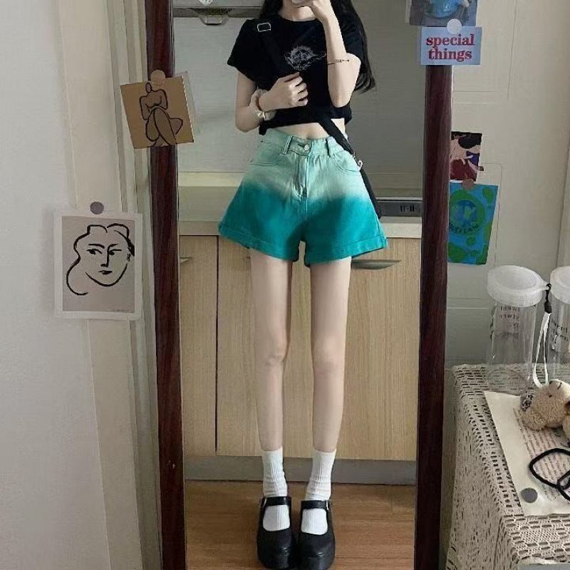 Gradient Green Denim Shorts for Women, Summer Niche Design, High-Waisted, Slimming, Unique A-Line Style, Petite Wide-Leg Pants - Image 4