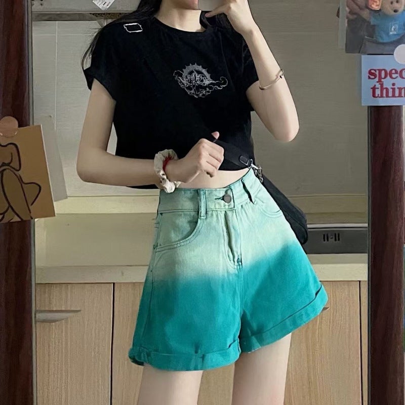 Gradient Green Denim Shorts for Women, Summer Niche Design, High-Waisted, Slimming, Unique A-Line Style, Petite Wide-Leg Pants - Image 1