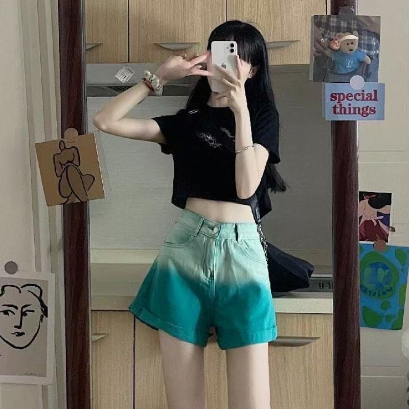 Gradient Green Denim Shorts for Women, Summer Niche Design, High-Waisted, Slimming, Unique A-Line Style, Petite Wide-Leg Pants - Image 3