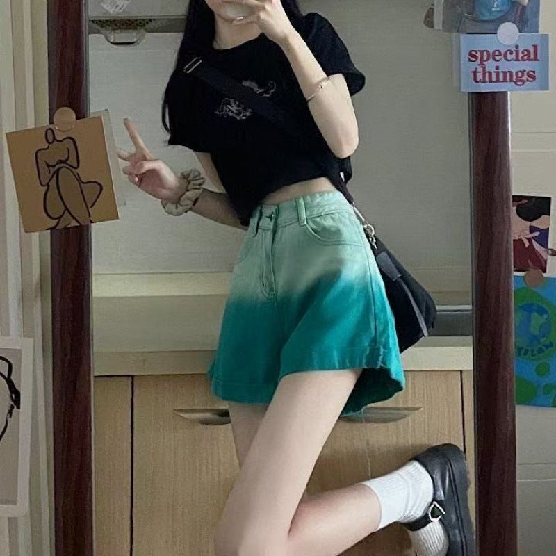 Gradient Green Denim Shorts for Women, Summer Niche Design, High-Waisted, Slimming, Unique A-Line Style, Petite Wide-Leg Pants - Image 5
