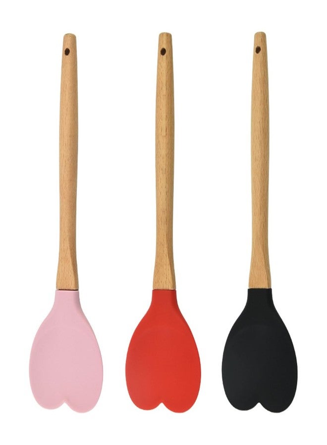 hobbyme 3 Pcs Silicone Spoon with Heart-shaped Wooden Handle, Multi-purpose Household Non-stick Kitchen Cooking Tools for Baking,Cooking,Mixing,Scraping,and Stirring - Image 1