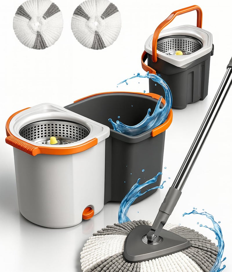 Oumffy 360 Degree Rotation Mop Set with Bucket, Floor Mop Complete Set with Adjustable Stainless Steel Handle & Foot Pedal, Foldable Cleaning Bucket with Super Water Absorbent Mat - Simple White - Image 1