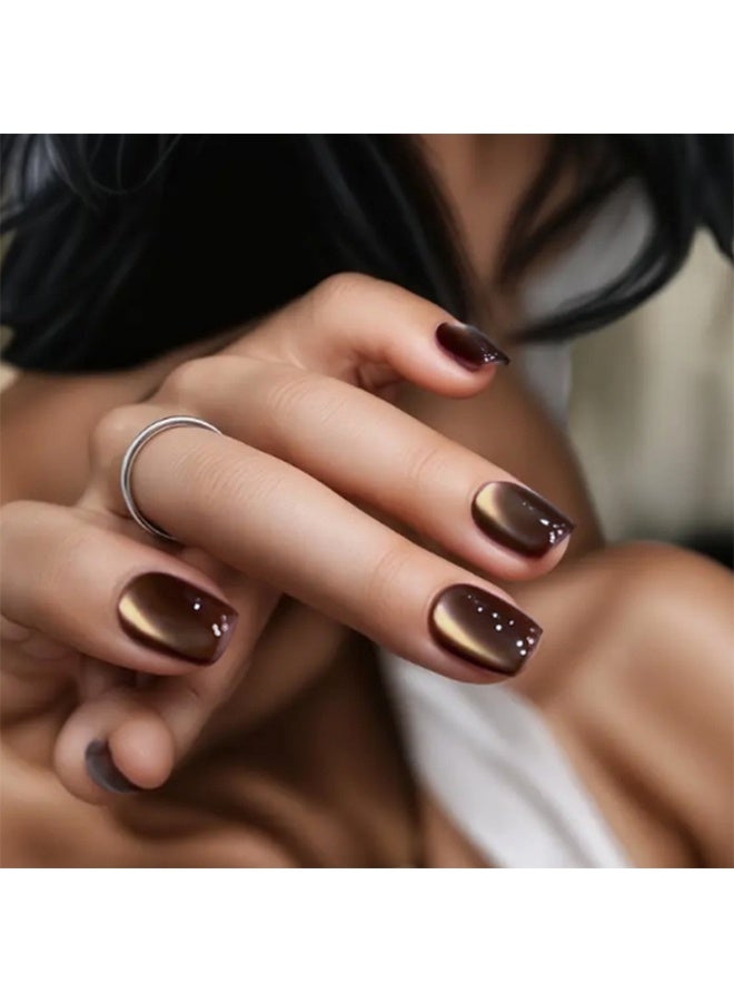 أظافر صناعية قصيرة مربعة للضغط عليها بنمط عين القط، أظافر صناعية بنية اللون، أظافر اصطناعية بألوان صلبة للنساء، تلصق بالغراء، بتصاميم لامعة، أظافر أكريليك لامعة وعصرية، مجموعة مكونة من 24 قطعة - Image 1