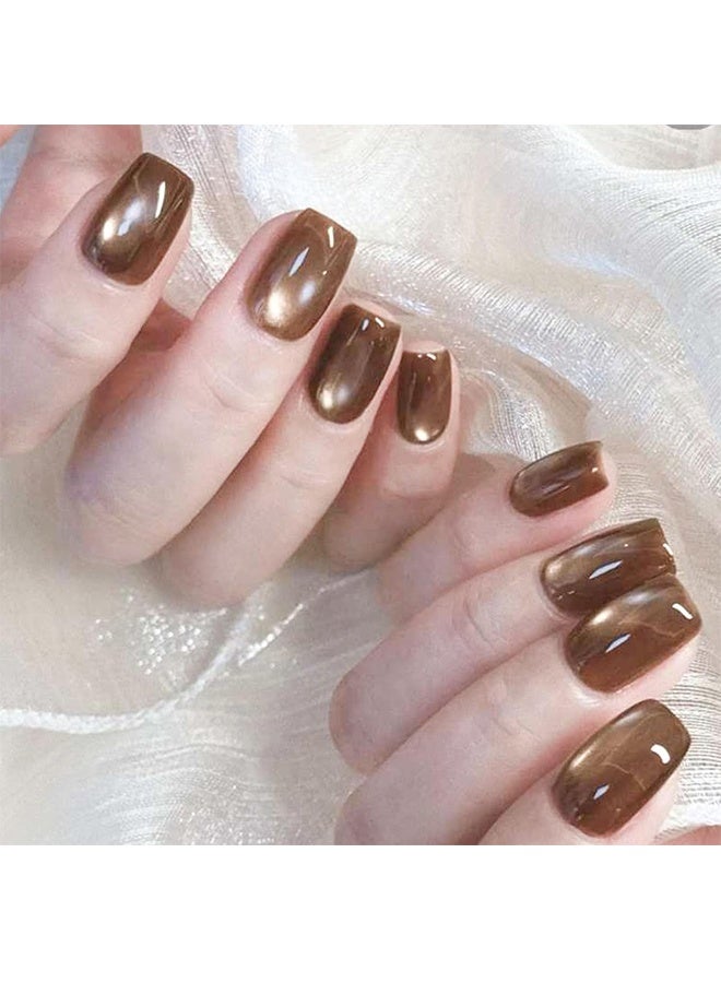 أظافر صناعية قصيرة مربعة للضغط عليها بنمط عين القط، أظافر صناعية بنية اللون، أظافر اصطناعية بألوان صلبة للنساء، تلصق بالغراء، بتصاميم لامعة، أظافر أكريليك لامعة وعصرية، مجموعة مكونة من 24 قطعة - Image 3