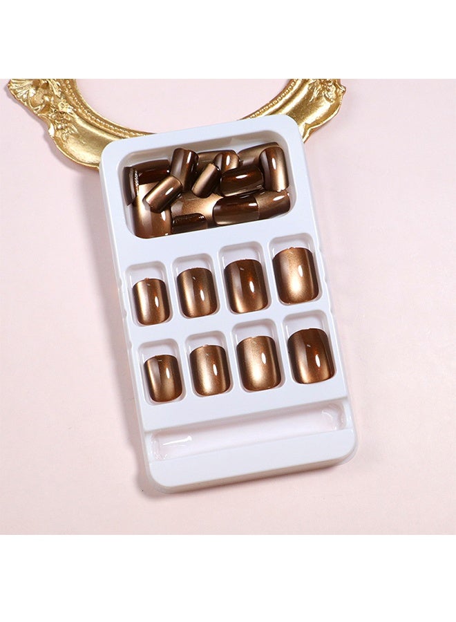 أظافر صناعية قصيرة مربعة للضغط عليها بنمط عين القط، أظافر صناعية بنية اللون، أظافر اصطناعية بألوان صلبة للنساء، تلصق بالغراء، بتصاميم لامعة، أظافر أكريليك لامعة وعصرية، مجموعة مكونة من 24 قطعة - Image 4