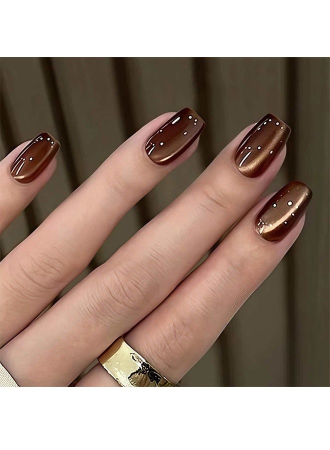 أظافر صناعية قصيرة مربعة للضغط عليها بنمط عين القط، أظافر صناعية بنية اللون، أظافر اصطناعية بألوان صلبة للنساء، تلصق بالغراء، بتصاميم لامعة، أظافر أكريليك لامعة وعصرية، مجموعة مكونة من 24 قطعة - Image 2