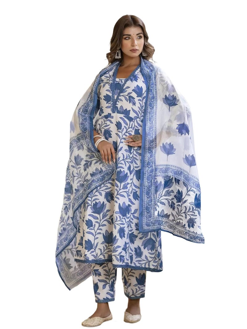 Tee Projekt Women's Cotton Blend Mandarin Anarkali Kurta Pant with Dupatta Set Off White - Image 5