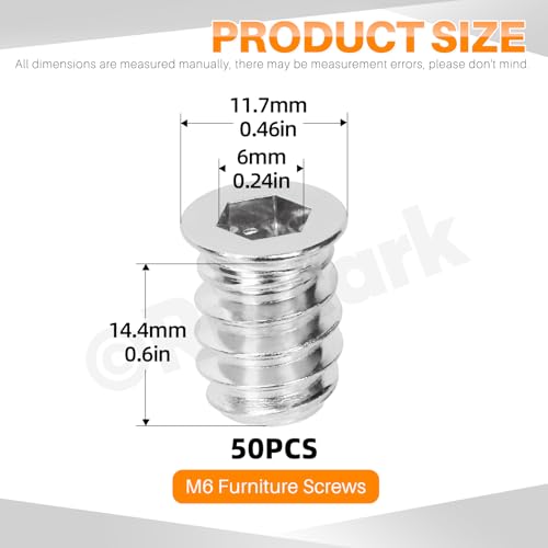 Rustark 50Pcs M6x15mm Nickle Threaded Insert Nuts Assortment Kit Metric Hex Socket Drive Metal Bolt Wood Inserts Bolt Nut Insert for Wood Products Furniture - Image 2