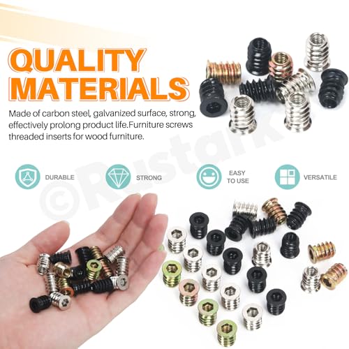 Rustark 50Pcs M6x15mm Nickle Threaded Insert Nuts Assortment Kit Metric Hex Socket Drive Metal Bolt Wood Inserts Bolt Nut Insert for Wood Products Furniture - Image 3