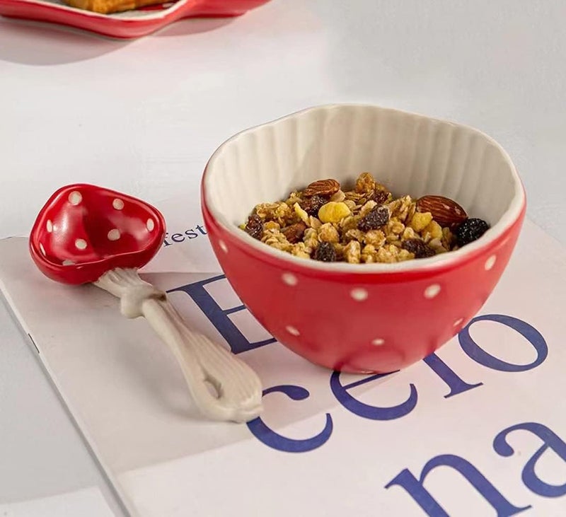 RESVUGA Mushroom Small Soup Bowl Matt Ceramics 42 Rice Bowls Pair with Cute Mushroom Spoon Use for Noodles Soup Dessert Snacks More - Image 5