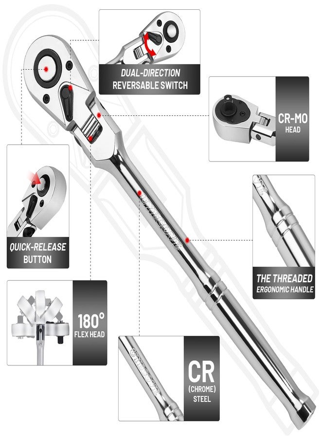 UYECOVE 1/2 3/8 1/4 Inch Drive Ratchet Set, 4Pcs Flex Head Ratchet Set, 72 Tooth Quick Release Flexible Swivel Head Socket Ratchet Wrench Set - Image 2