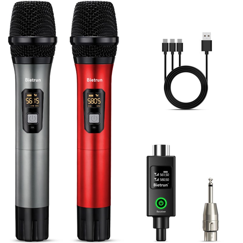 Bietrun XLR Wireless Microphone UHF Dual Handheld Dynamic Metal Mic Set with Rechargeable Receiver XLR to 14 Adapter for Karaoke Church Wedding Party Singing160 ft RangeAuto Connect