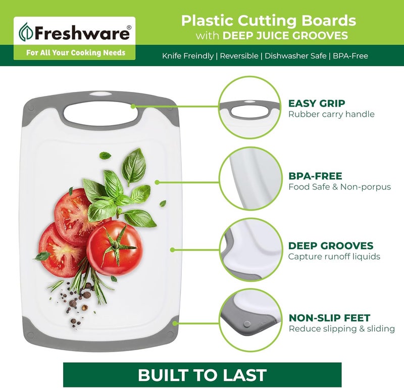 Freshware Cutting Boards for Kitchen, Chopping Board 3-Pack with Different Sizes, Juice Grooves and Non Slip Handles - Reversible, Large Cutting Board Set - Dishwasher Safe - Gray - Image 5