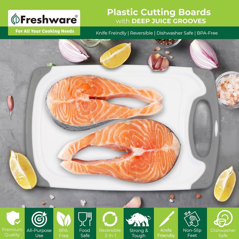 Freshware Cutting Boards for Kitchen, Chopping Board 3-Pack with Different Sizes, Juice Grooves and Non Slip Handles - Reversible, Large Cutting Board Set - Dishwasher Safe - Gray - Image 3