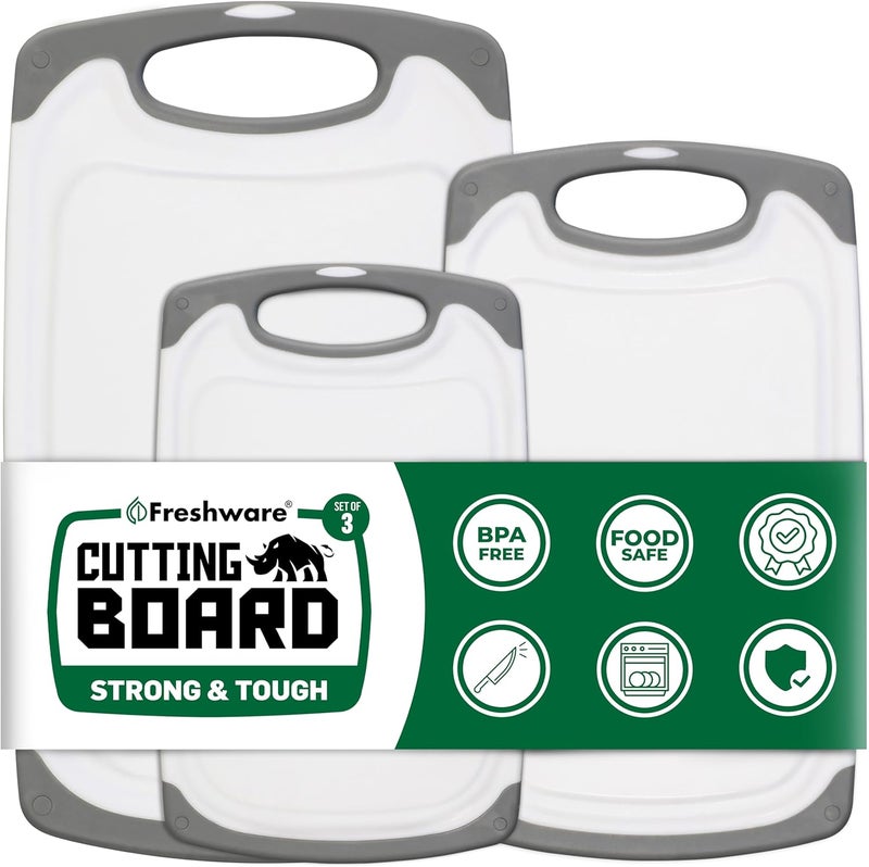 Freshware Cutting Boards for Kitchen, Chopping Board 3-Pack with Different Sizes, Juice Grooves and Non Slip Handles - Reversible, Large Cutting Board Set - Dishwasher Safe - Gray - Image 2