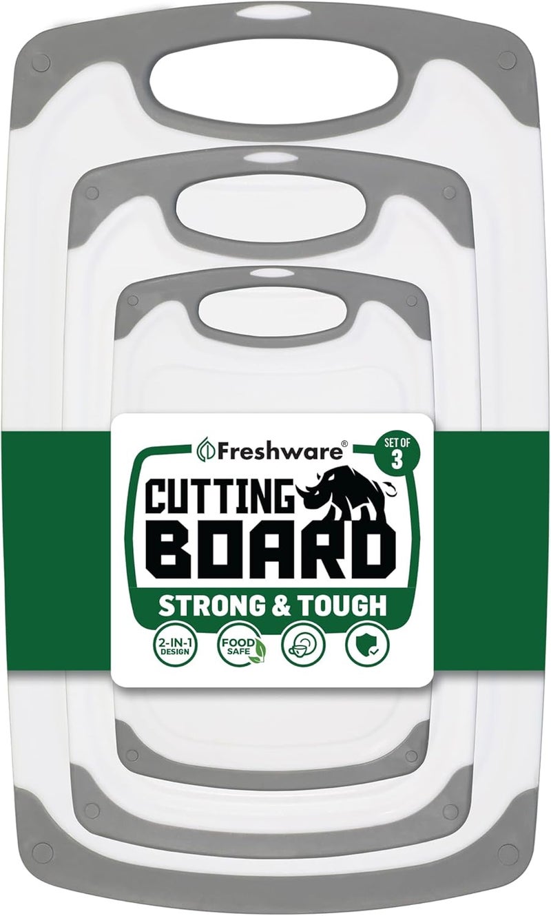 Freshware Cutting Boards for Kitchen, Chopping Board 3-Pack with Different Sizes, Juice Grooves and Non Slip Handles - Reversible, Large Cutting Board Set - Dishwasher Safe - Gray - Image 1
