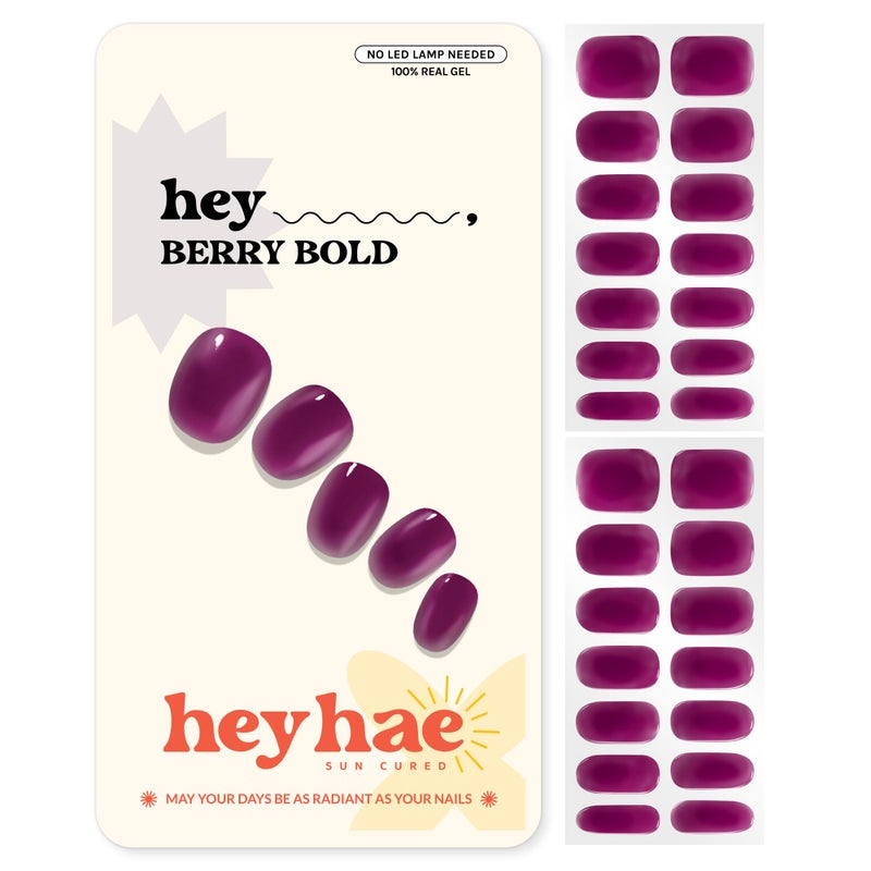 Heyhae Semi Cured Gel Nail Strips | No LED Lamp Needed | Fall, Jelly, Purple | Easy Apply & Remove, Salon Quality | Includes 28 Strips, 1 Prep Pads, Nail File & Wooden stick - Hey, Berry Bold - Image 1