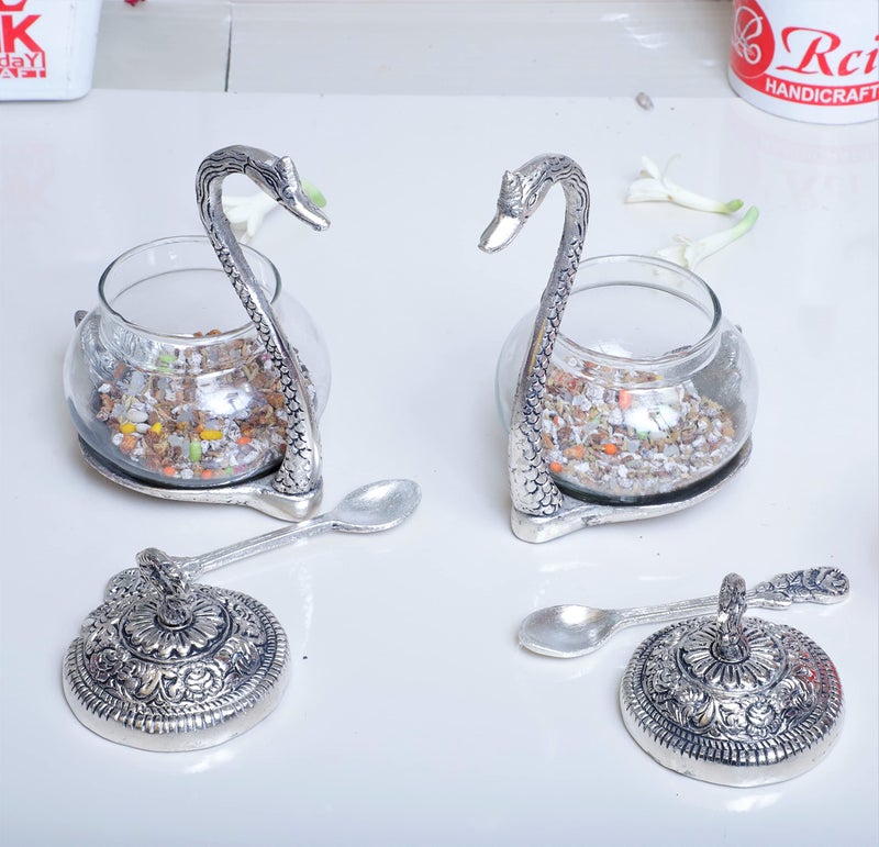 KridayKraft Metal Kissing Swan (Duck) Glass Bowl with Spoon for Saunf Supari Tray, Dry Fruit and Candy,Mukhwas Traditional Serving Bowl Set,Pack of 2 Pieces,Animal Showpiece Figurine & Gifting idol... - Image 3