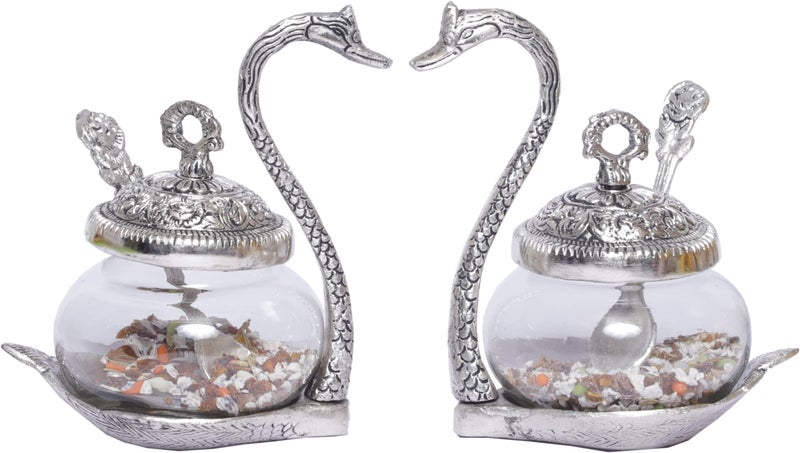 KridayKraft Metal Kissing Swan (Duck) Glass Bowl with Spoon for Saunf Supari Tray, Dry Fruit and Candy,Mukhwas Traditional Serving Bowl Set,Pack of 2 Pieces,Animal Showpiece Figurine & Gifting idol... - Image 1